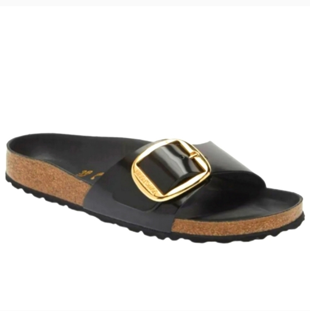New Birkenstocks Madrid 7/38 Big BuckleNatural Leather Patent slide in black